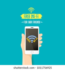 Hand holding white smart phone with free wi-fi sign on touch screen isolated on azure background. Vector flat style design phone with screen and human hand. Free wi-fi concept illustration