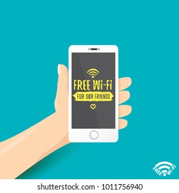 Hand holding white smart phone with free wi-fi sign on touch screen isolated on azure background. Vector flat style design phone with screen and human hand. Free wi-fi concept illustration