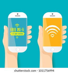 Hand holding white smart phone with free wi-fi sign on touch screen isolated on azure background. Vector flat style design phone with screen and human hand. Free wi-fi concept illustration