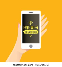 Hand holding white smart phone with free wi-fi sign on touch screen isolated on orange background. Vector flat style design phone with screen and human hand. Free wi-fi concept illustration