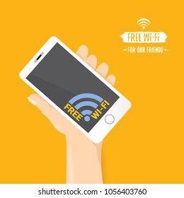 Hand holding white smart phone with free wi-fi sign on touch screen isolated on orange background. Vector flat style design phone with screen and human hand. Free wi-fi concept illustration