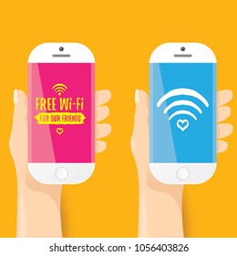 Hand holding white smart phone with free wi-fi sign on touch screen isolated on orange background. Vector flat style design phone with screen and human hand. Free wi-fi concept illustration