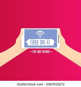 Hand holding white smart phone with free wi-fi sign on touch screen isolated on pink background. Vector flat style design phone with screen and human hand. Free wi-fi concept illustration