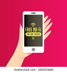 Hand holding white smart phone with free wi-fi sign on touch screen isolated on pink background. Vector flat style design phone with screen and human hand. Free wi-fi concept illustration