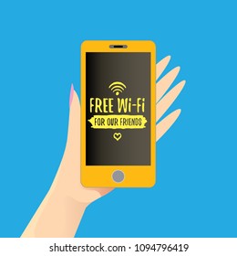 Hand holding white smart phone with free wi-fi sign on touch screen isolated on blue background. Vector flat style design phone with screen and human hand. Free wi-fi concept illustration