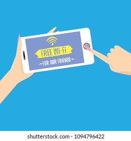 Hand holding white smart phone with free wi-fi sign on touch screen isolated on blue background. Vector flat style design phone with screen and human hand. Free wi-fi concept illustration