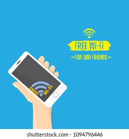 Hand holding white smart phone with free wi-fi sign on touch screen isolated on blue background. Vector flat style design phone with screen and human hand. Free wi-fi concept illustration