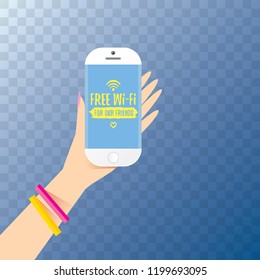 Hand holding white smart phone with free wi-fi sign on touch screen isolated on transparent background. Vector flat style design phone with screen and human hand. Free wi-fi concept illustration