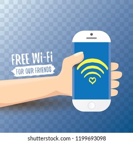 Hand holding white smart phone with free wi-fi sign on touch screen isolated on transparent background. Vector flat style design phone with screen and human hand. Free wi-fi concept illustration