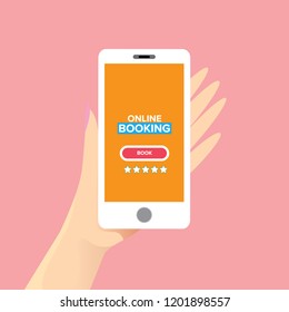 Hand holding white smart phone with online booking app and book button isolated on pink background. Vector flat style design phone with screen and human hand. online booking concept illustration