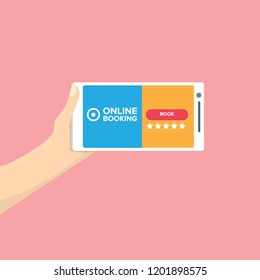 Hand holding white smart phone with online booking app and book button isolated on pink background. Vector flat style design phone with screen and human hand. online booking concept illustration