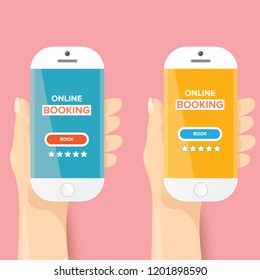 Hand holding white smart phone with online booking app and book button isolated on pink background. Vector flat style design phone with screen and human hand. online booking concept illustration