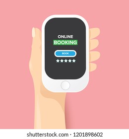 Hand holding white smart phone with online booking app and book button isolated on pink background. Vector flat style design phone with screen and human hand. online booking concept illustration