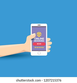 Hand holding white smart phone with online booking app and book button isolated on blue background. Vector flat style design phone with screen and human hand. online booking concept illustration