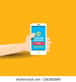 Hand holding white smart phone with online booking app and book button isolated on orange background. Vector flat style design phone with screen and human hand. online booking concept illustration