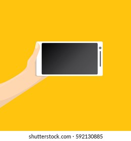 Hand holding white smart phone isolated on orange background. Vector flat style design phone with blank screen and human hand for text and advertising