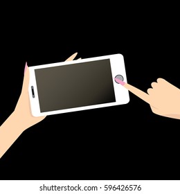 Hand holding white smart phone isolated on black background. Vector flat style design phone with blank screen and human hand