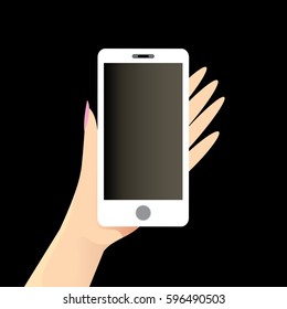 Hand holding white smart phone isolated on black background. Vector flat style design phone with blank screen and human hand