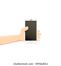 Hand holding white smart phone isolated on white background. Vector flat style design phone with blank screen and human hand