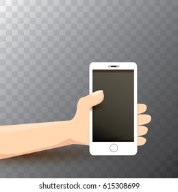 Hand holding white smart phone isolated. Vector flat style design phone with blank screen and human hand