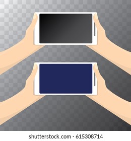 Hand holding white smart phone isolated. Vector flat style design phone with blank screen and human hand