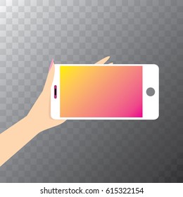 Hand holding white smart phone isolated. Vector flat style design phone with blank screen and human hand