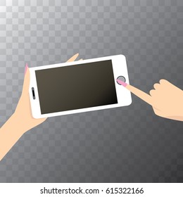 Hand holding white smart phone isolated. Vector flat style design phone with blank screen and human hand