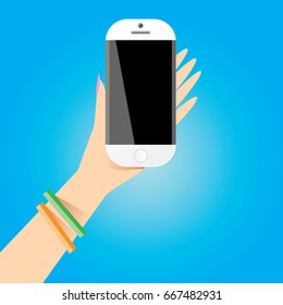 Hand holding white smart phone isolated on blue background. Vector flat style design phone with blank screen and human hand