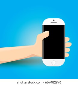 Hand holding white smart phone isolated on blue background. Vector flat style design phone with blank screen and human hand