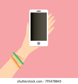Hand holding white smart phone with blank touch screen isolated on pink background. Vector flat style design phone with blank screen and human hand