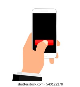 Hand holding white smartphone with button on screen. Vector illustration. Flat design.