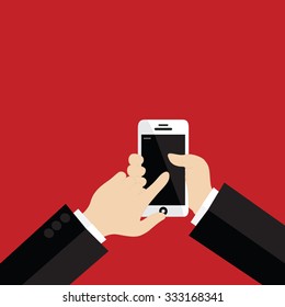 Hand holding white smartphone, touching blank screen