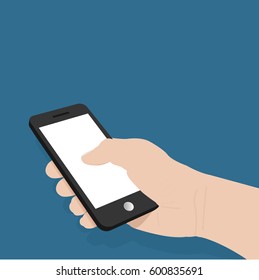 Hand holding a white smartphone, touching blank screen. Vector illustration