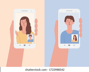 Hand holding a white smartphone to using video calls with friends to say hi. Illustration about people meet face to face via the internet and camera of mobile phone. Social distancing and new normal.