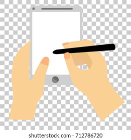 Hand - Holding White Smartphone - Writing with Stylus, at Transparent Effect Background
