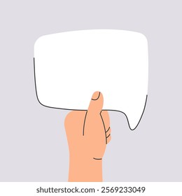 Hand holding white speech bubble with space for copy, modern element for Landing Page banner and online business, trendy vector template isolated on background