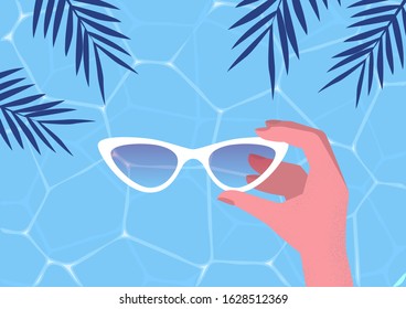 Hand holding white sunglasses. Pool water background. Summer banner. Vector