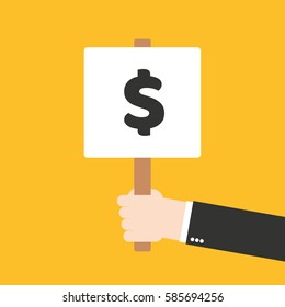 Hand holding whiteboard with text $