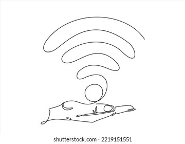 Hand holding Wi-Fi. Continuous line