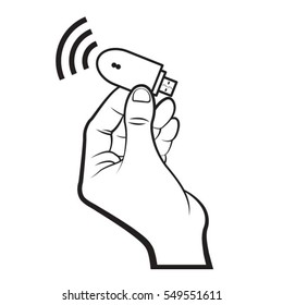 hand holding wifi device in black-vector drawing