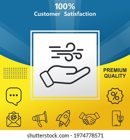 Hand holding wind vector glyph color icon. With yellow and blue background option