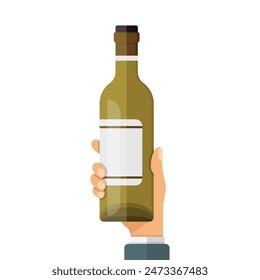 Hand holding wine bottle icon in flat style. Alcohol drink vector illustration on isolated background. Champagne beverage sign business concept.