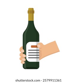 Hand holding wine bottle icon in flat style. Alcohol drink vector illustration on isolated background. Champagne beverage sign business concept.