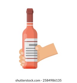 Hand holding wine bottle icon in flat style. Alcohol drink vector illustration on isolated background. Champagne beverage sign business concept.
