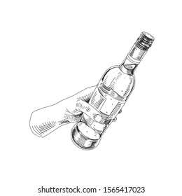 Hand holding wine bottle  ink illustration. Sommelier carrying bottle in palm realistic hand drawn sketch. Fingers position for taking glass etiquette manners engravings