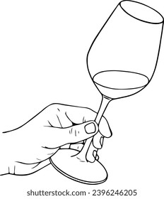 Hand holding wine or champagne stemware glass, linear vector illustration