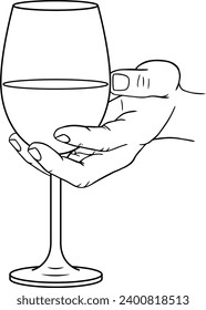 Hand holding wine or champagne stemware glass, linear vector illustration	