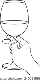 Hand, die Wein oder Champagner-Stempelglas hält, lineare Vektorgrafik	