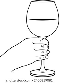 Hand holding wine or champagne stemware glass, linear vector illustration	