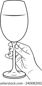 Hand holding wine or champagne stemware glass, linear vector illustration	